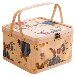 节庆包装礼盒竹编手提篮子活动送礼喜庆节日年货国风印花正方竹篮