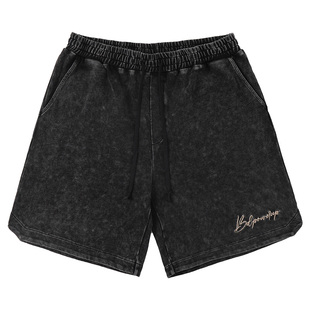 bdpowerup夏季复古美式短裤男纯棉拼接绣花直筒运动短裤男宽松