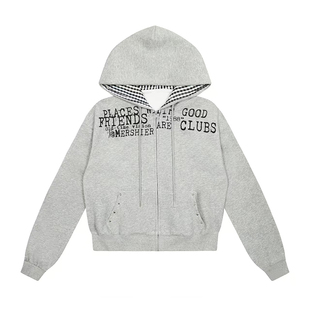 F383 美式复古设计感内里格纹连帽卫衣男女宽松休闲百搭帽衫外套