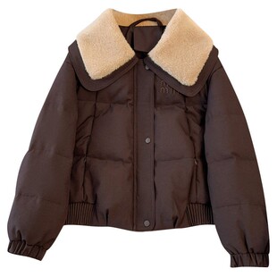 美拉德棕咖色羊羔毛翻领羽绒服女短2025冬季新款减龄漂亮洋气外套