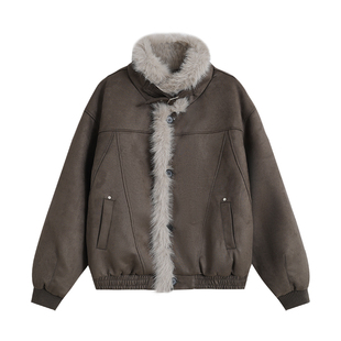 WAITINGWAVE毛领仿麂皮加绒加厚夹克美式复古翻领设计感宽松外套