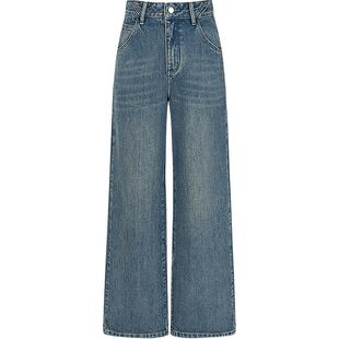 KBNE蓝色直筒裤高腰牛仔裤春秋冬新款复古宽松做旧阔腿裤长裤女装