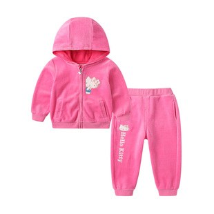 HelloKitty女童天鹅绒套装秋季长袖运动休闲套装卡通刺绣淑女外穿