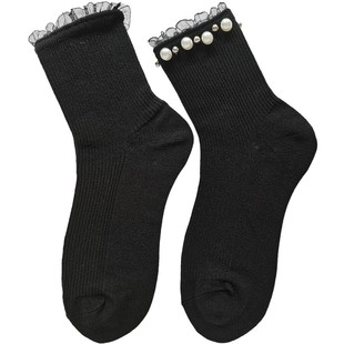 袜子女珍珠花边搭配小皮鞋乐福鞋黑色纯棉中筒袜蕾丝边女袜日系薄