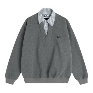 INSstudios 国潮美式复古「拼接格子假两件卫衣」宽松加绒POLO衫