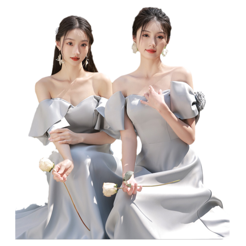 冬季婚礼伴娘服女灰色高级感简约小众缎面平时可穿姐妹团伴娘礼服