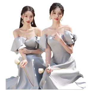 冬季婚礼伴娘服女灰色高级感简约小众缎面平时可穿姐妹团伴娘礼服