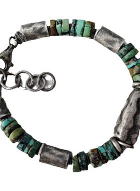 纯银复古天然绿松石手链宝石串珠