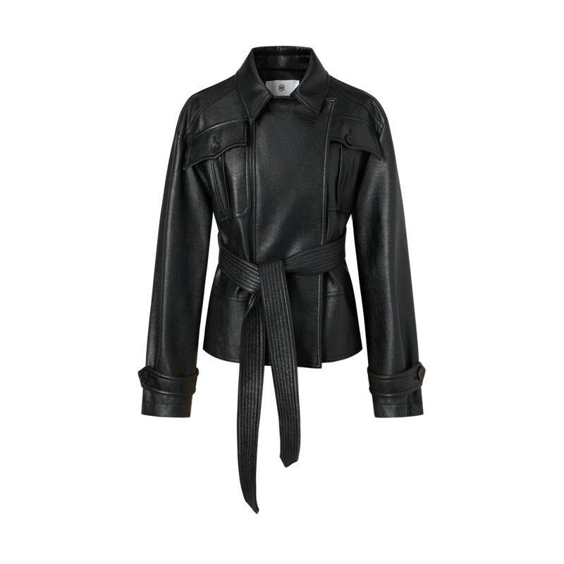商场同款 摩萨克春H型收腰显瘦酷飒机车风柔软PU皮革外套女
