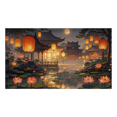 中式古风夜景背景布小众挂布