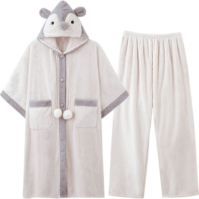 软萌斗篷睡袍女秋冬款美舒绒套装