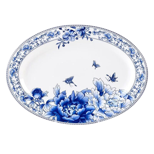 大鱼盘微波炉适用景德镇高温釉中彩陶瓷12英寸骨瓷鱼盘椭圆形鱼盘