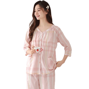 秋鹿100%纯棉睡衣女士对襟V领七分袖九分裤2026春新款家居服套装