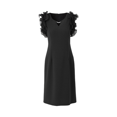 海青蓝荷叶袖黑色连衣裙