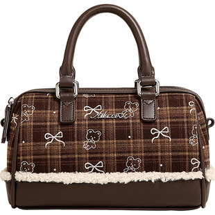 爱路喜包包女式秋冬新款复古棕色格子毛绒包可爱波士顿手提斜挎包