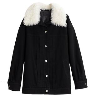 ELLE高级感黑色牛仔毛领外套女2025冬装新款通勤风简约保暖上衣