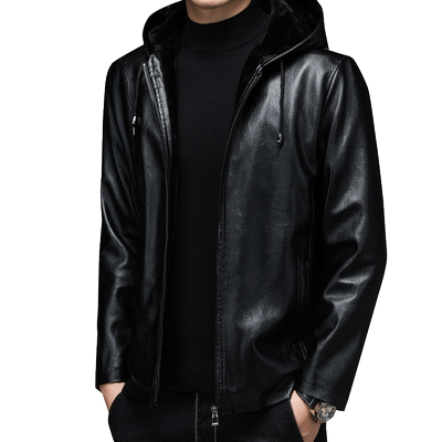 罗蒙冬季连帽皮衣男秋冬大码加绒