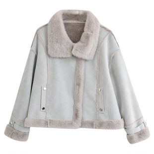 SeRinaBlue商场同款2025冬季新仿皮毛一体加绒加厚短款外套女上衣