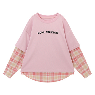 布丁哈鲁童装秋装女童甜酷上衣2026春秋新款儿童格子拼接长袖T恤