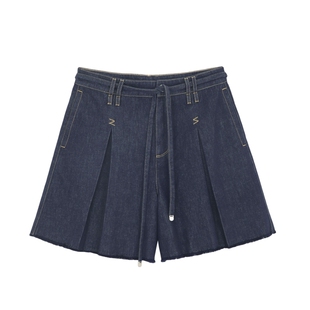 【100%棉】MSLAN早春时尚牛仔压褶短裤宽松A字百慕大裤子MFBN6103