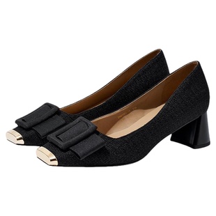 [朱珠同款]莎莎苏秋冬季职场芭蕾方头粗跟高跟鞋女小香风法式单鞋