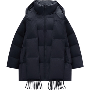 爱居兔围巾领连帽羽绒服女2025年冬季新款中长款宽松保暖外套