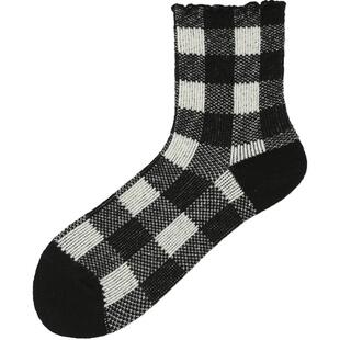 Tabio英伦格纹袜子女2双秋冬含羊毛甜美木耳边女袜潮网红款中筒袜