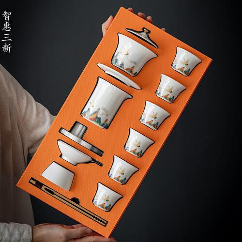 杨氏六喜羊脂玉瓷功夫茶具套装国潮风礼品鹤瑞呈祥茶杯日式泡茶器