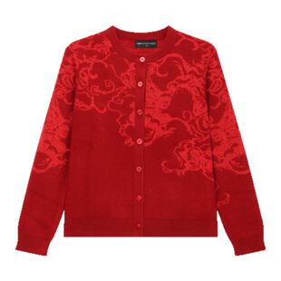 ZB/珍贝2025年秋冬新款品高支纱圆领夹丝女新年红圣诞开衫/56623