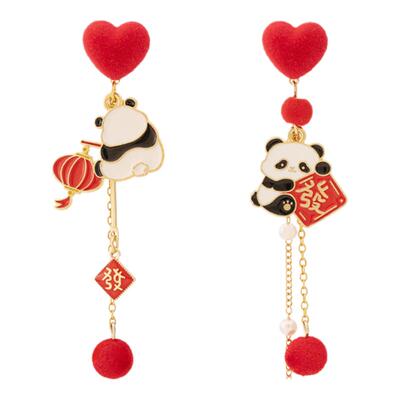 IPINK原创2025新年发财熊猫耳环可爱女不对称耳针耳夹无耳洞