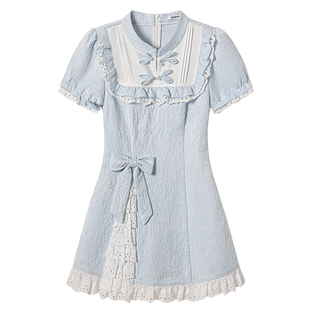 织物猪 蓝调甜茶 少女新中式连衣裙女夏季国风气质蓝色收腰短裙子