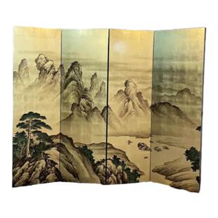 日式手绘松树金箔漆画山水画屏风隔断客厅餐厅玄关办公室茶室