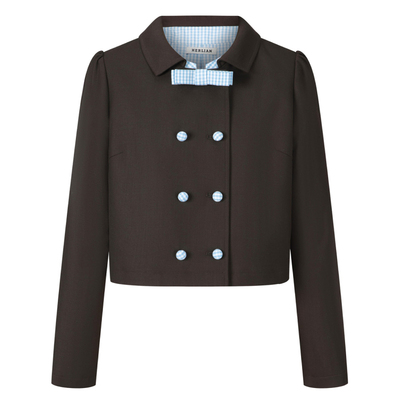 格纹拼色设计蝴蝶结装置短外套