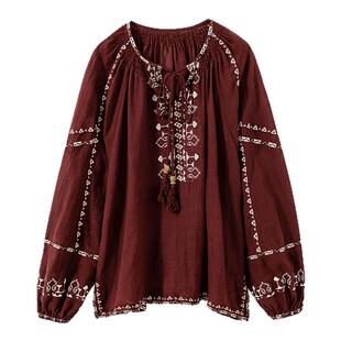 卡萨布兰卡 定位绣花 波西米亚风宽松灯笼袖苎麻轻薄透气防晒衬衫