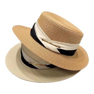 帽子女款2025新款太阳帽海边沙滩遮阳防晒草编凉帽子法式平顶礼帽