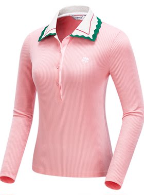 高尔夫球服装 女款长袖T恤速干POLO衫竖条纹翻领针织运动上衣服