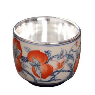 世壶 银器999足银杯子寿桃陶瓷包银主人双层功夫茶杯家用礼品茗杯