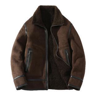 皮毛一体男士冬季大码加绒加厚皮衣短款机车服夹克男装羊羔毛外套