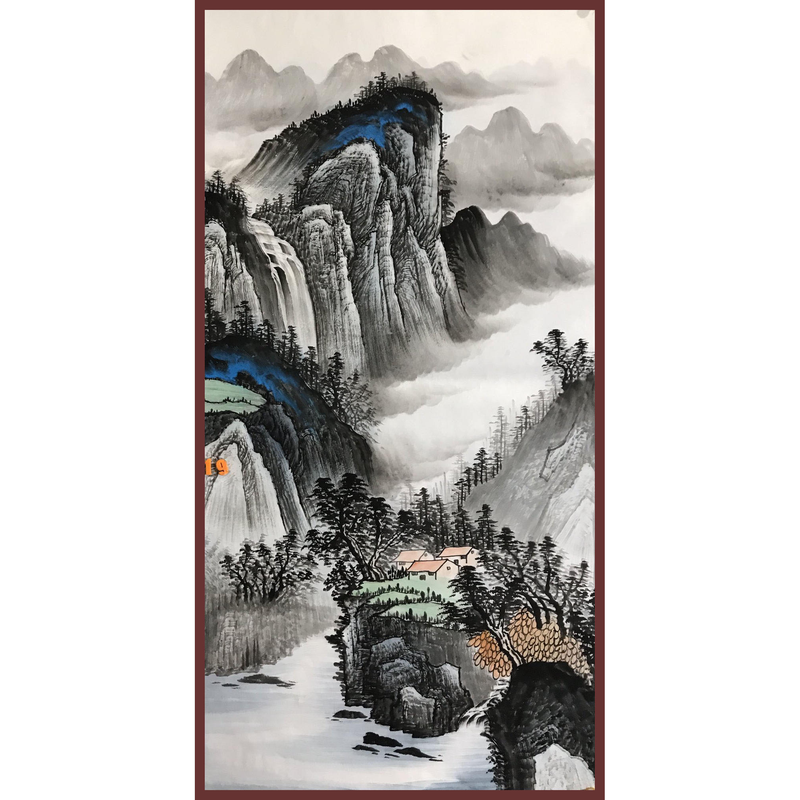 手工绘制中式水墨山水画国画山石树木河流瀑布山川房屋风景装饰画