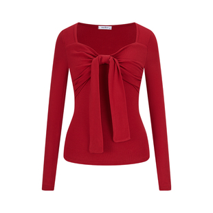 MosesQueen魔西女王新年红色打底衫内搭蝴蝶结系带v领长袖t恤上衣