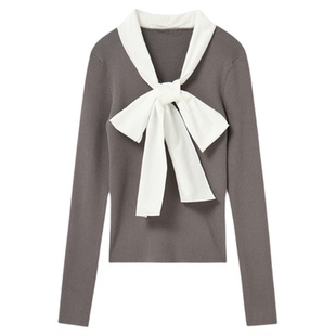 SNIDEL2025秋冬新品甜美蝴蝶结系带长袖罗纹针织衫上衣SWNT255166