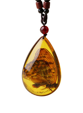 琥珀色昆虫蝴蝶吊坠蜜蜡色化石水滴复古项链长款百搭毛衣链挂件