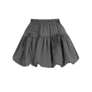 白色蝴蝶结绑带花苞短裙女夏季高腰灯笼裙半身裙芭蕾风A字蓬蓬裙