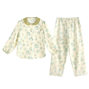 秋鹿轻柔透气双层纱纯棉睡衣女2025秋季新款清新印花孕妇装月子服