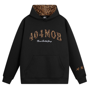 404MOB豹纹贴布刺绣加绒连帽卫衣男7A抗菌美式套头重磅情侣厚外套