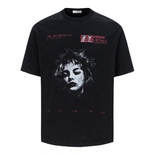 CANCAMP 美式复古做旧破洞人像印花T恤男女vintage正肩微宽松上衣