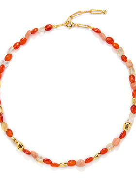 VOGUEWANG原创新年款925纯银镀金色天然红玛瑙黄玉石宝石串珠项链