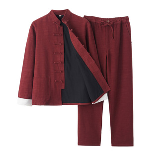 亚麻中式男装唐装男青年套装中国风汉服外套复古盘扣禅修服中山装