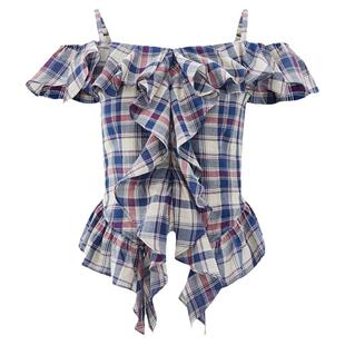 【章若楠同款】秋季复古格纹荷叶边吊带衬衫上衣028HSZ30-0871