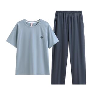 芬腾男士睡衣纯棉短袖长裤夏季薄款可外穿圆领青年男生家居服套装